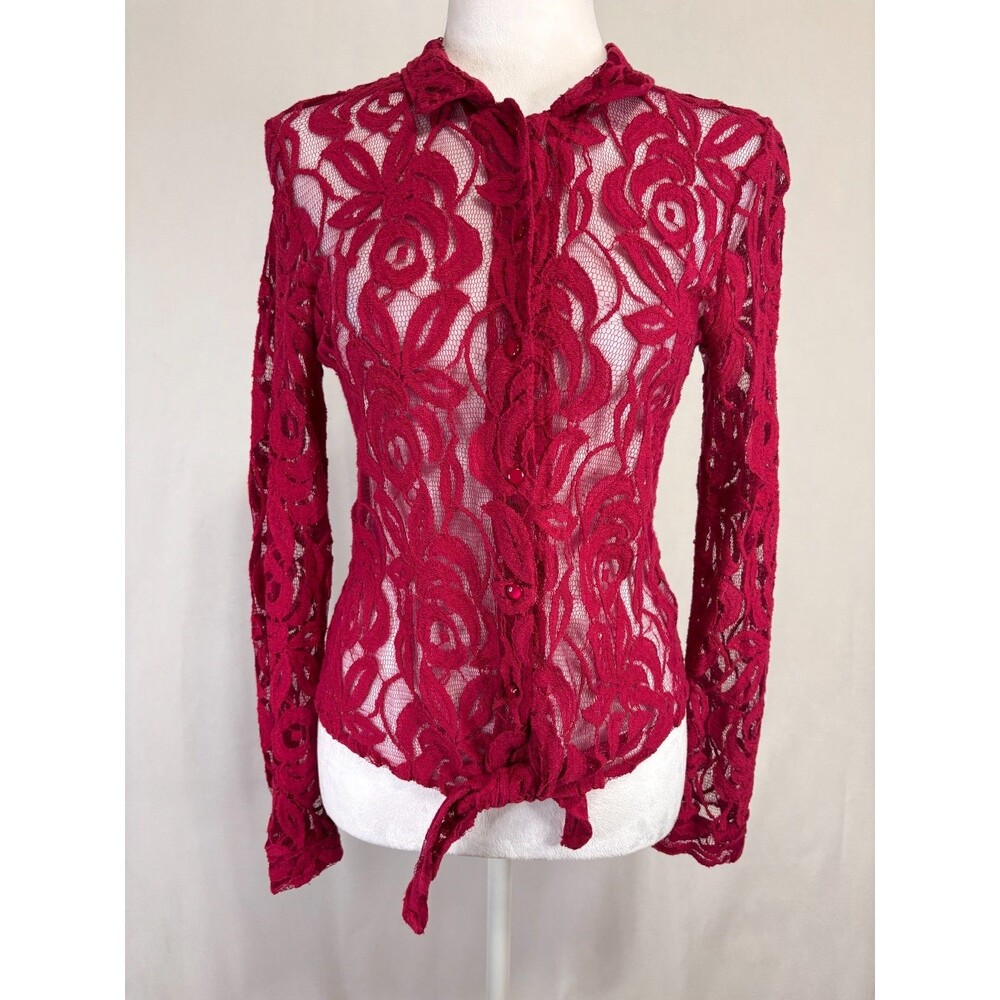 Womens Sheer Lace Button Down Top Sz M Red Stretch Vamp Romantic Coquette Y2K‎